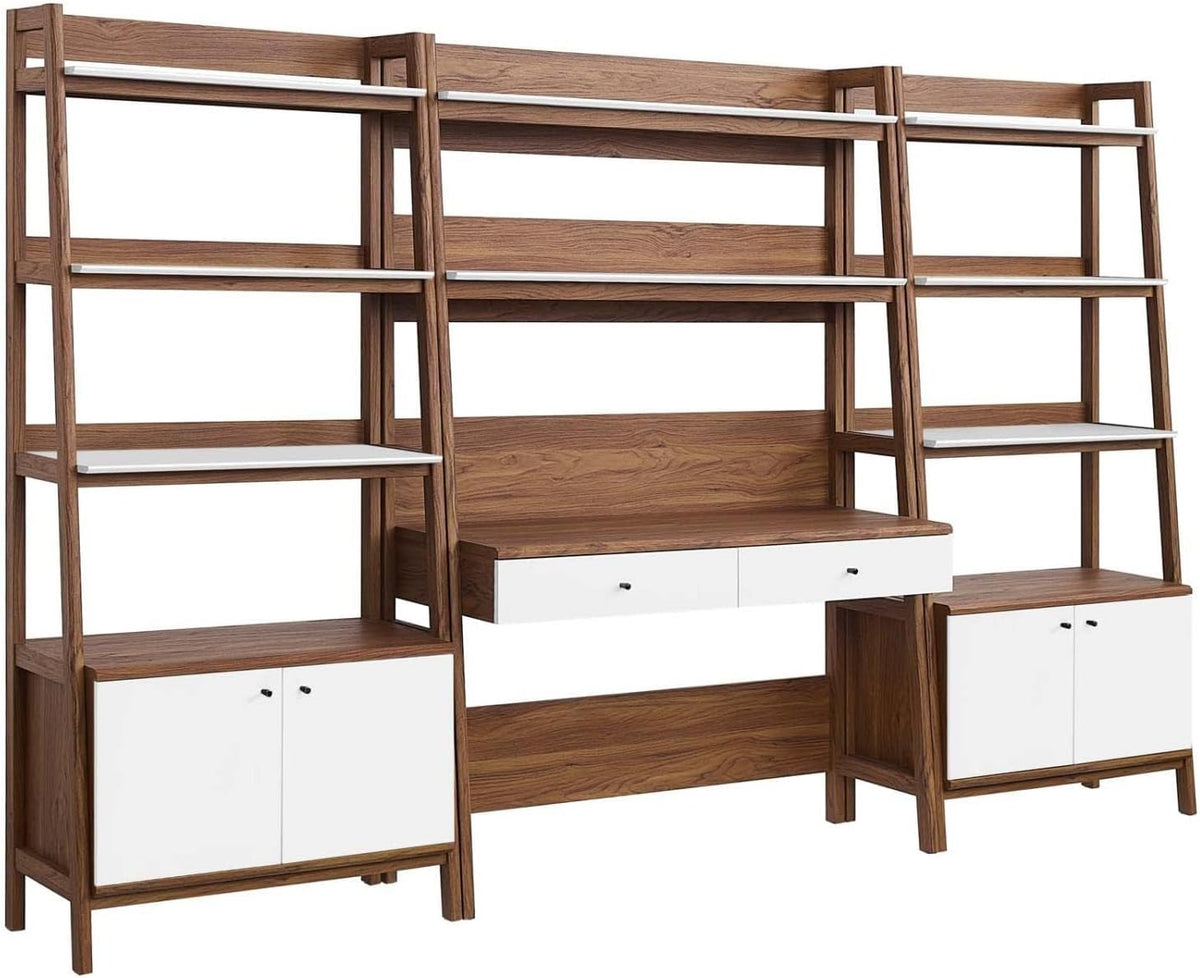 Three-piece oak desk and ladder-style bookshelves with white drawer and cabinet fronts on a white background
