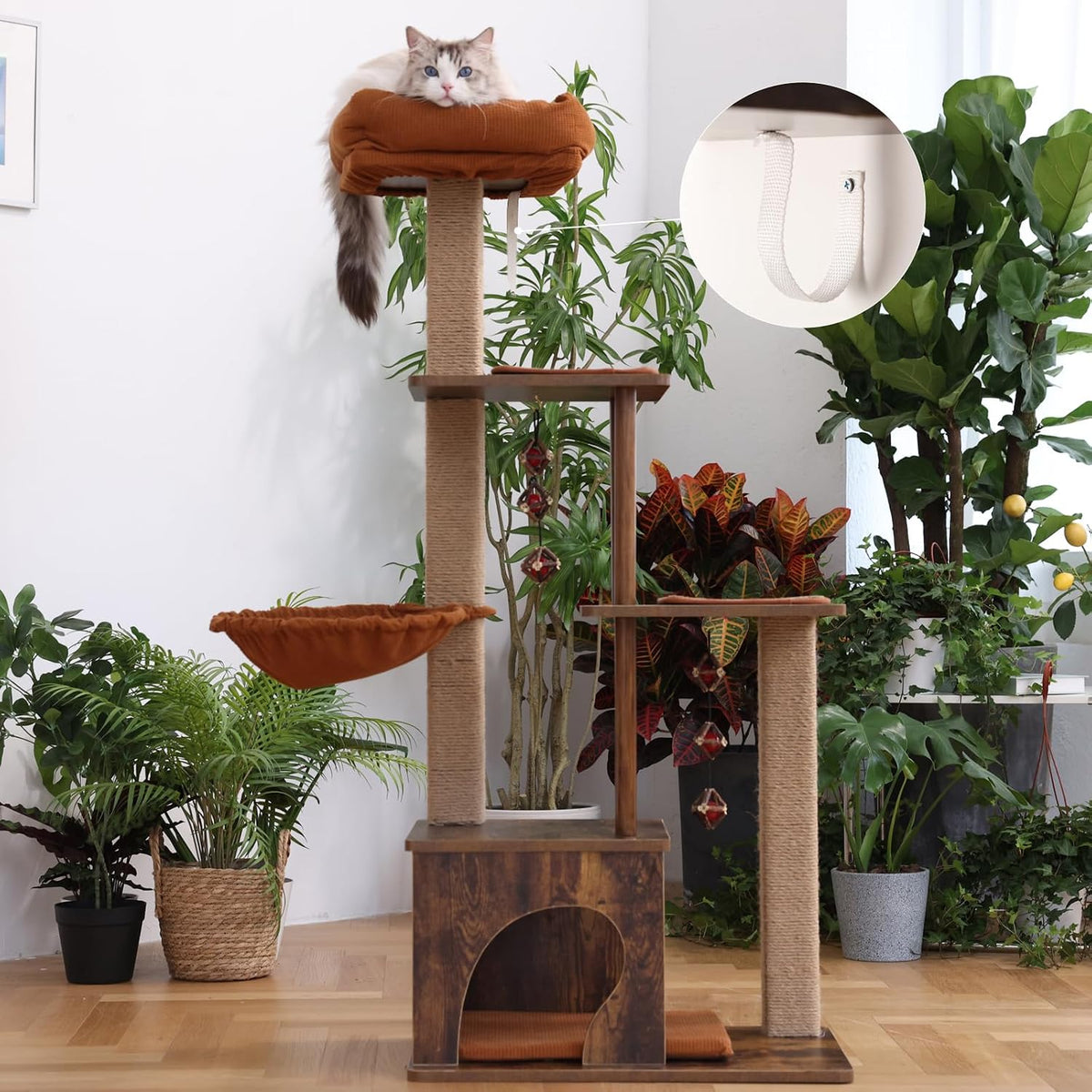 Brown cat tree placed in a living room with plants, showing top cushion perch and a close-up strap detail inset
