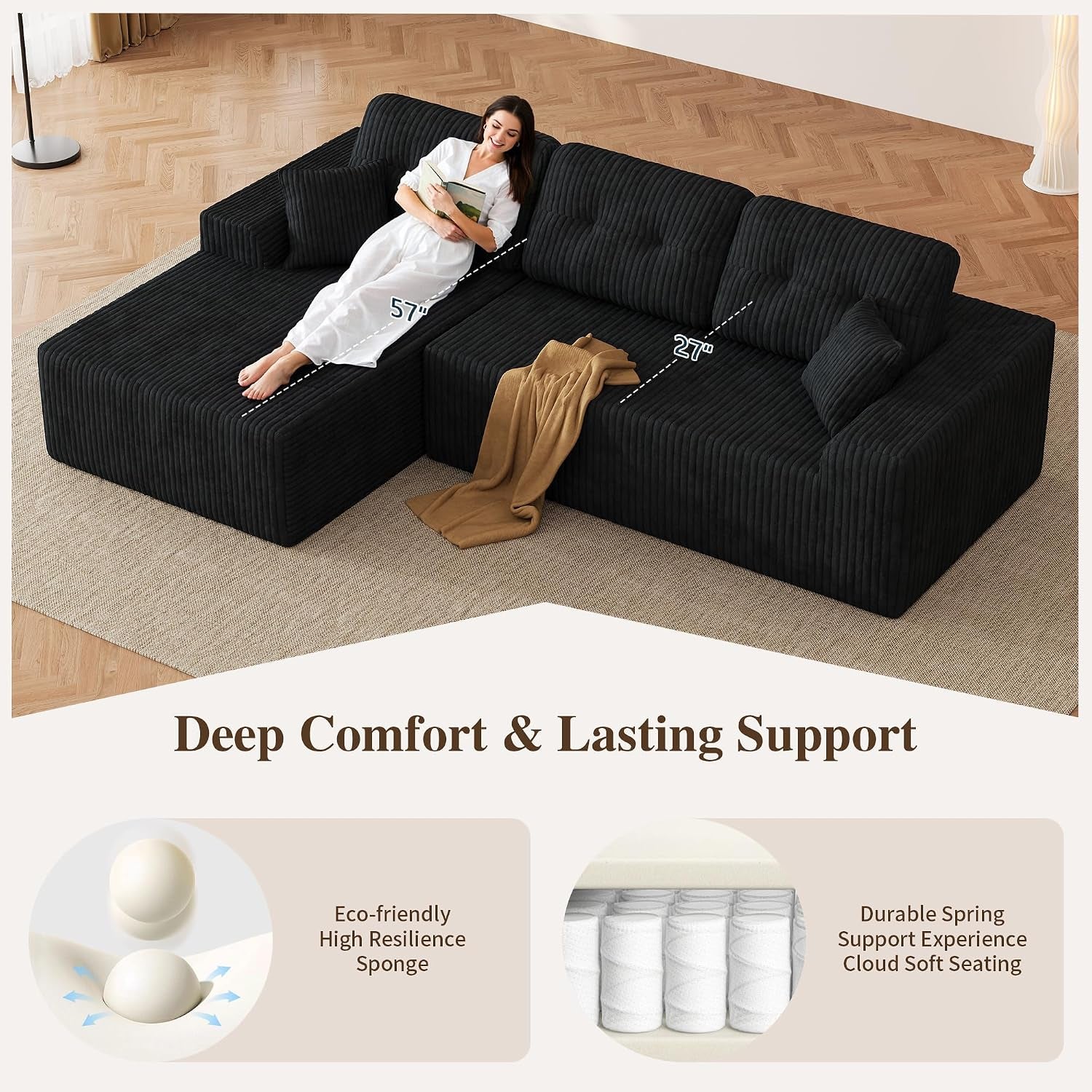 106" Boneless Sectional Sofa, Corduroy Modular L Shaped Couch with Deep Seat Chaise, Cloud Style Oversized Sectional Couch for Living Room, No Assembly, Left Facing, Black