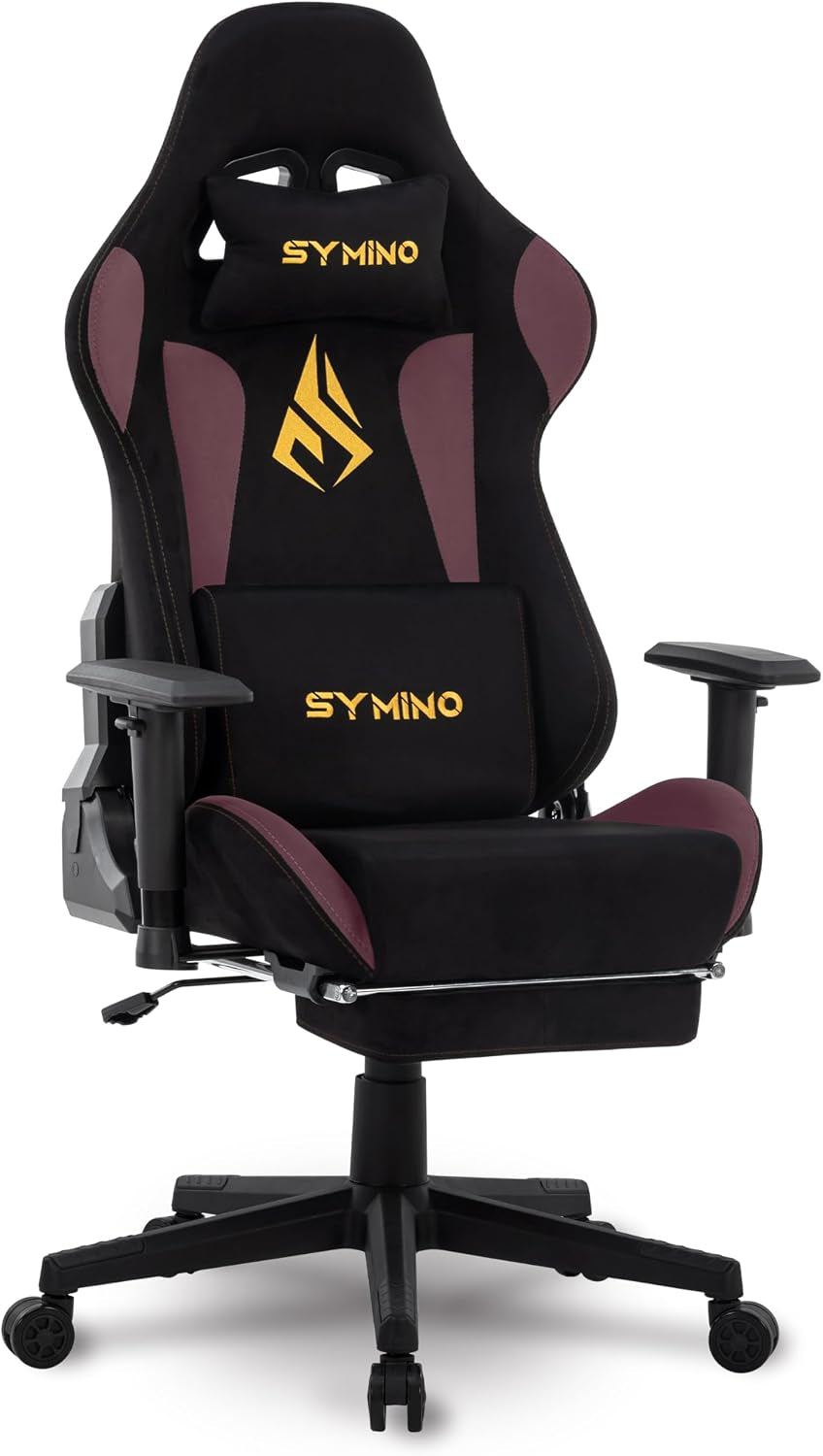 Three-quarter view of a black and burgundy gaming chair with footrest extended and adjustable armrests.