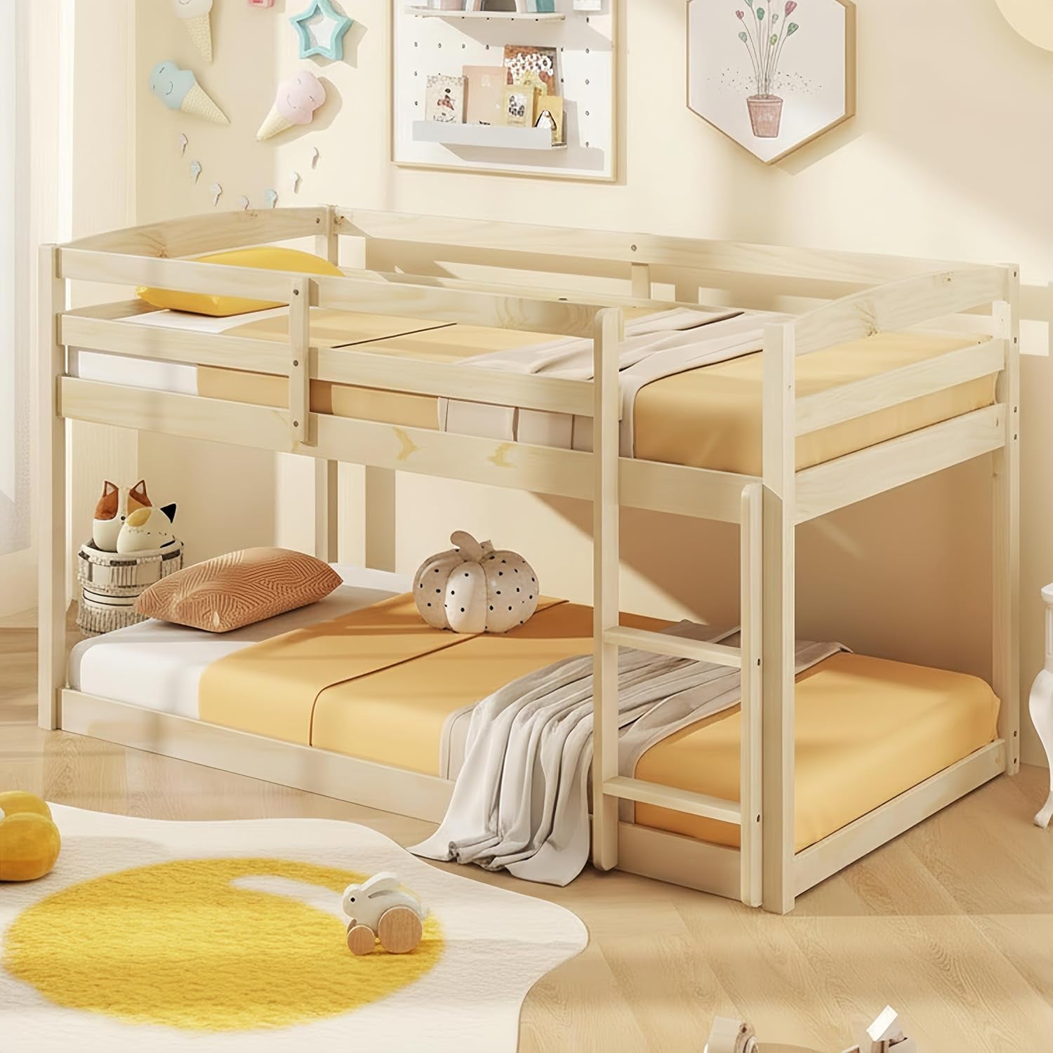 Pale natural wood twin-over-twin bunk bed with ladder in a softly lit children's room.