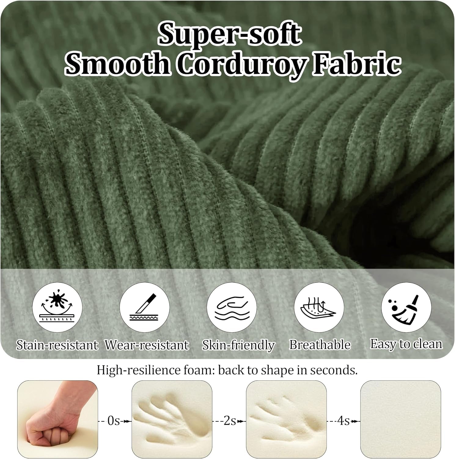 Close-up of green corduroy fabric with wide ribs and soft texture.