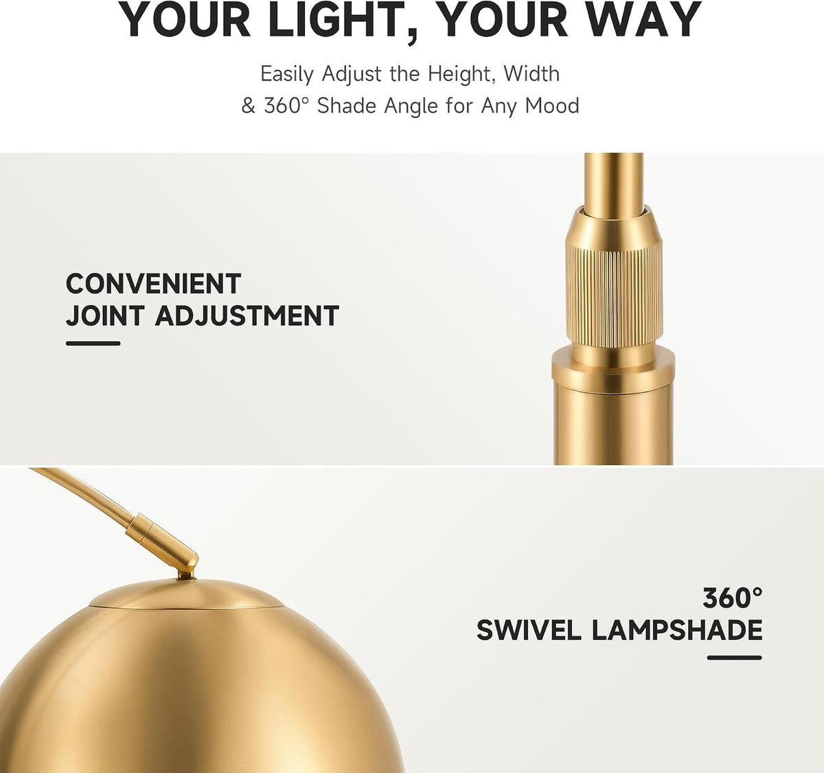 Detail of the lamp's metal adjustment joint and swivel lampshade on the arched arm