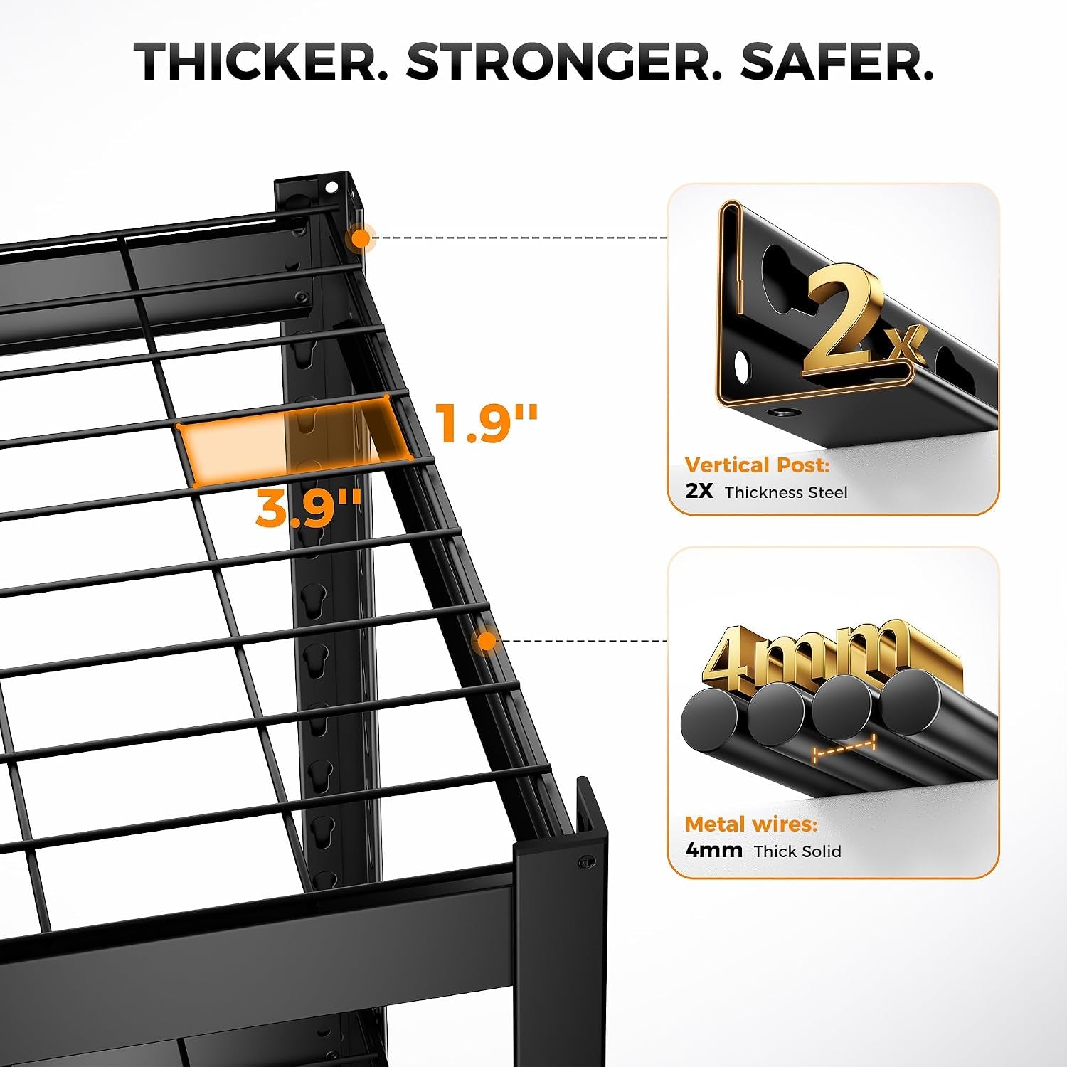 Close-up of 4mm solid steel wire shelf and reinforced vertical post showing wire spacing and corner.