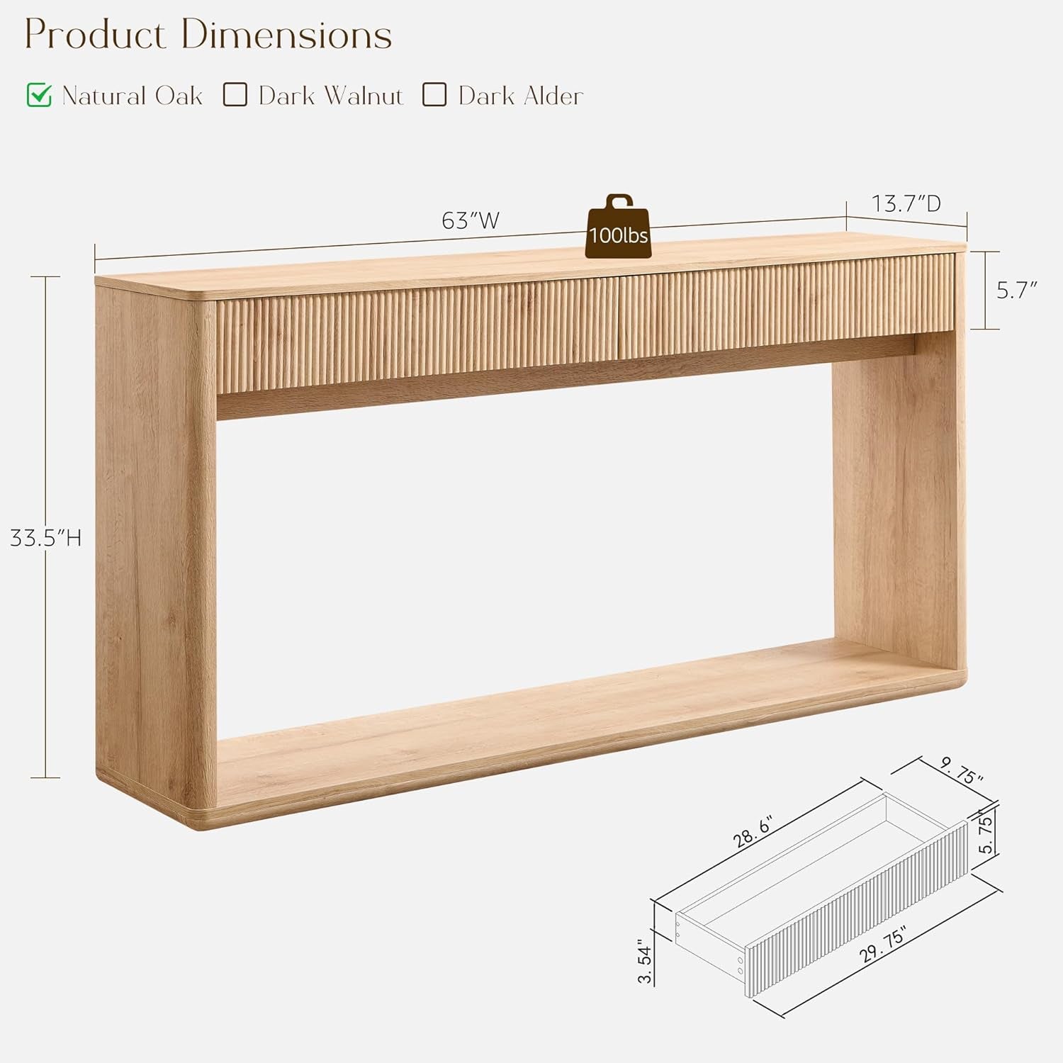 Clean product diagram of the console showing overall proportions, measurement lines and an inset drawer schematic.