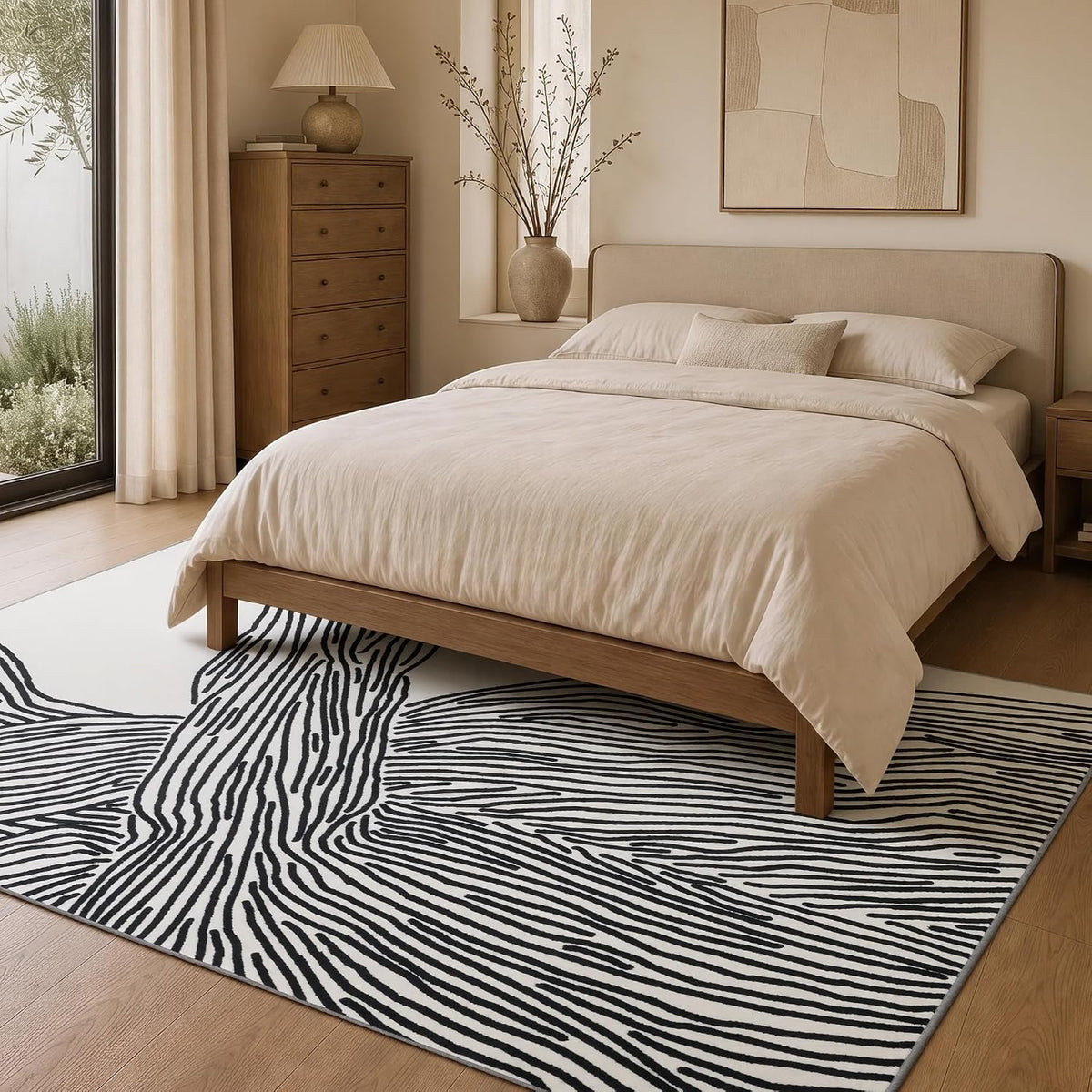 Beige and black modern abstract rug partially placed under a wooden platform bed in a neutral bedroom