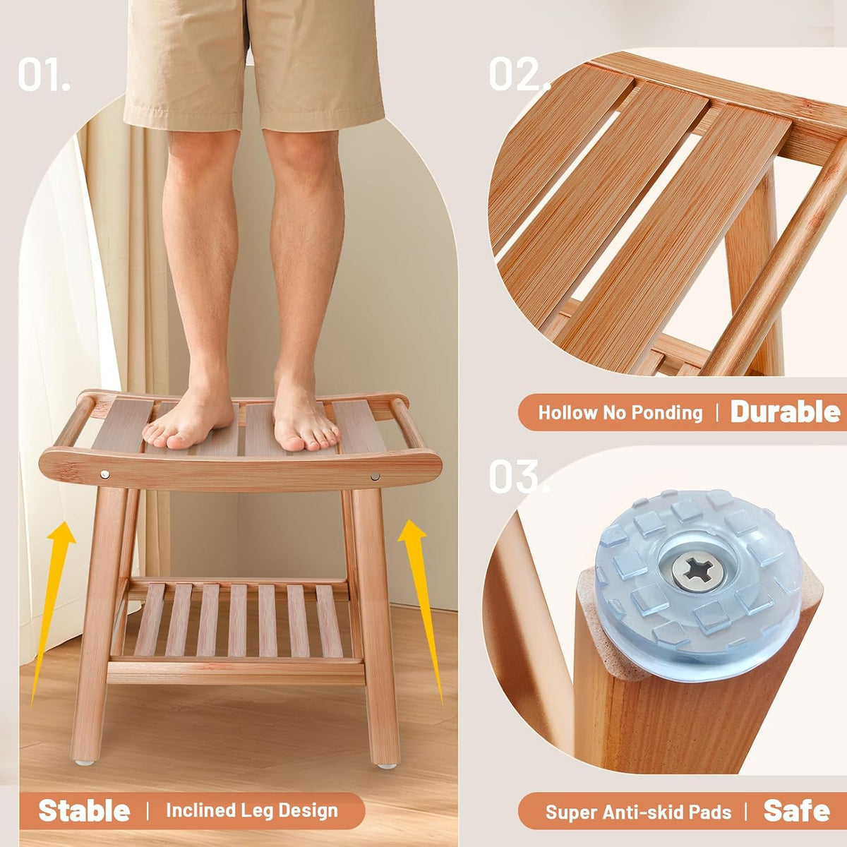 Front view of bench showing inclined legs, slatted top and clear anti-skid rubber pad on the foot