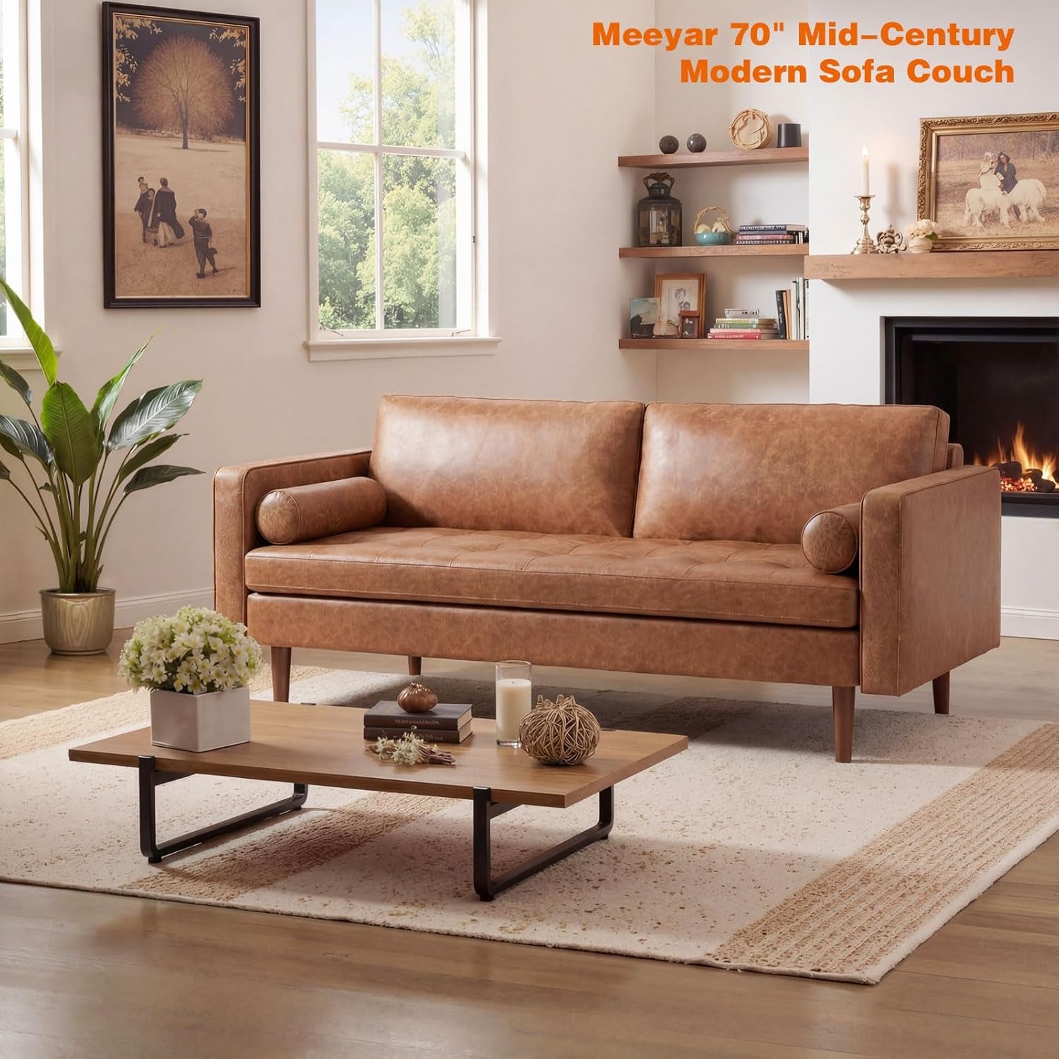 Faux Leather Sofa,70" Brown Leather Couch for Living Room
