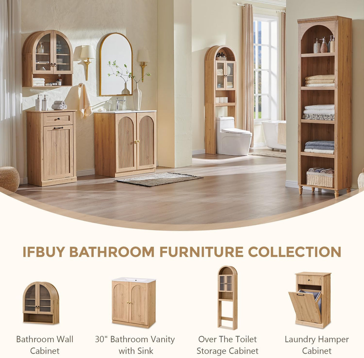 Bathroom furniture collection scene with the 30-inch arched fluted vanity among coordinating storage pieces