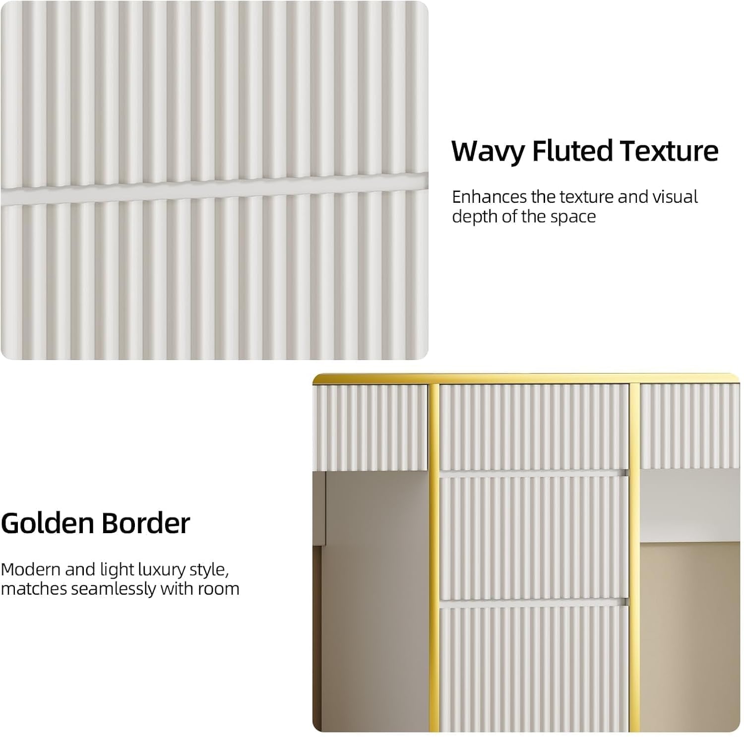 Close-up of the wavy fluted texture and gold border trim on the white desk center panel and top edge