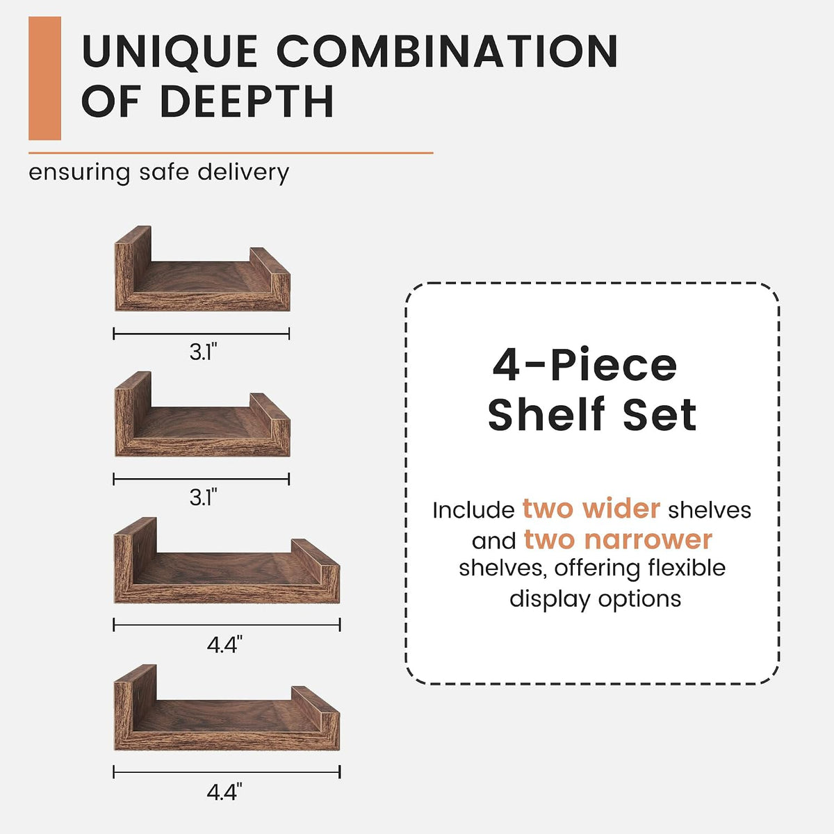 Illustrated shelf ends showing two narrow and two wider wood-look ledges with width measurements.
