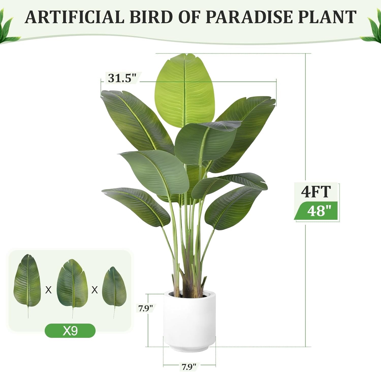 dimension diagram — front view of the faux Bird of Paradise in a white round pot with measurement lines around the plant