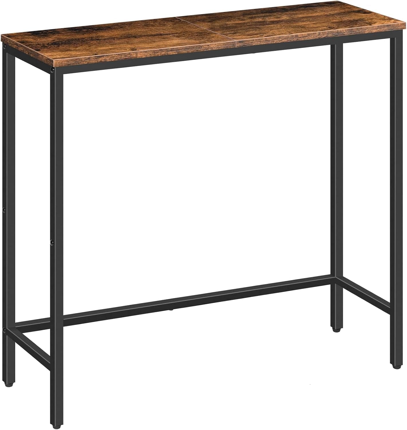 Slim console table with rustic brown particleboard top and black metal frame isolated on white background