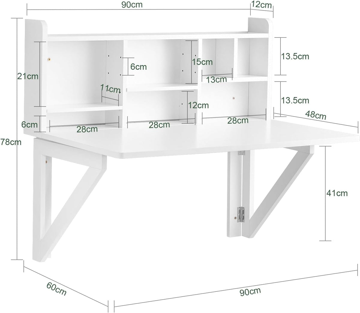 White folding wall table with detailed dimension markings showing shelf and tabletop measurements