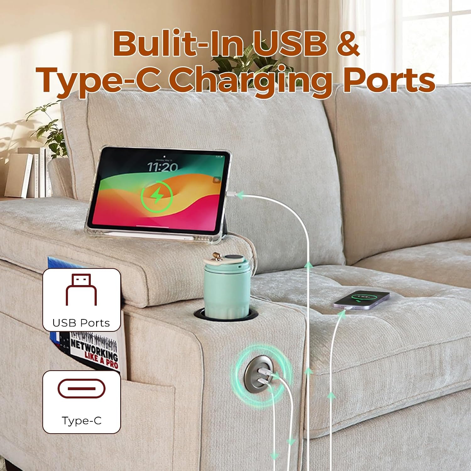 Beige loveseat close-up showing built-in cup holder, USB and Type-C charging ports and side pocket
