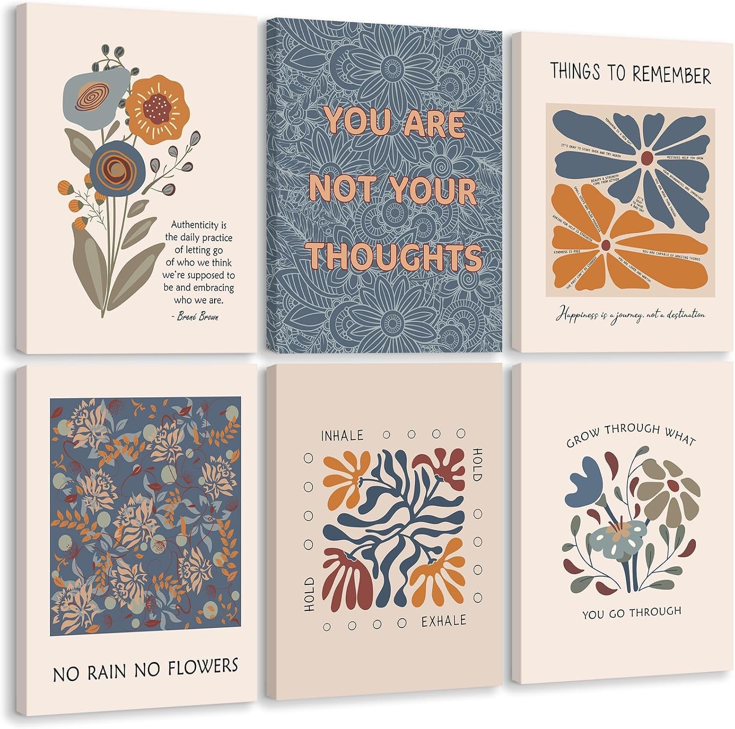 Six pastel-colored illustrated panels with flowers and motivational phrases arranged in two rows of three.