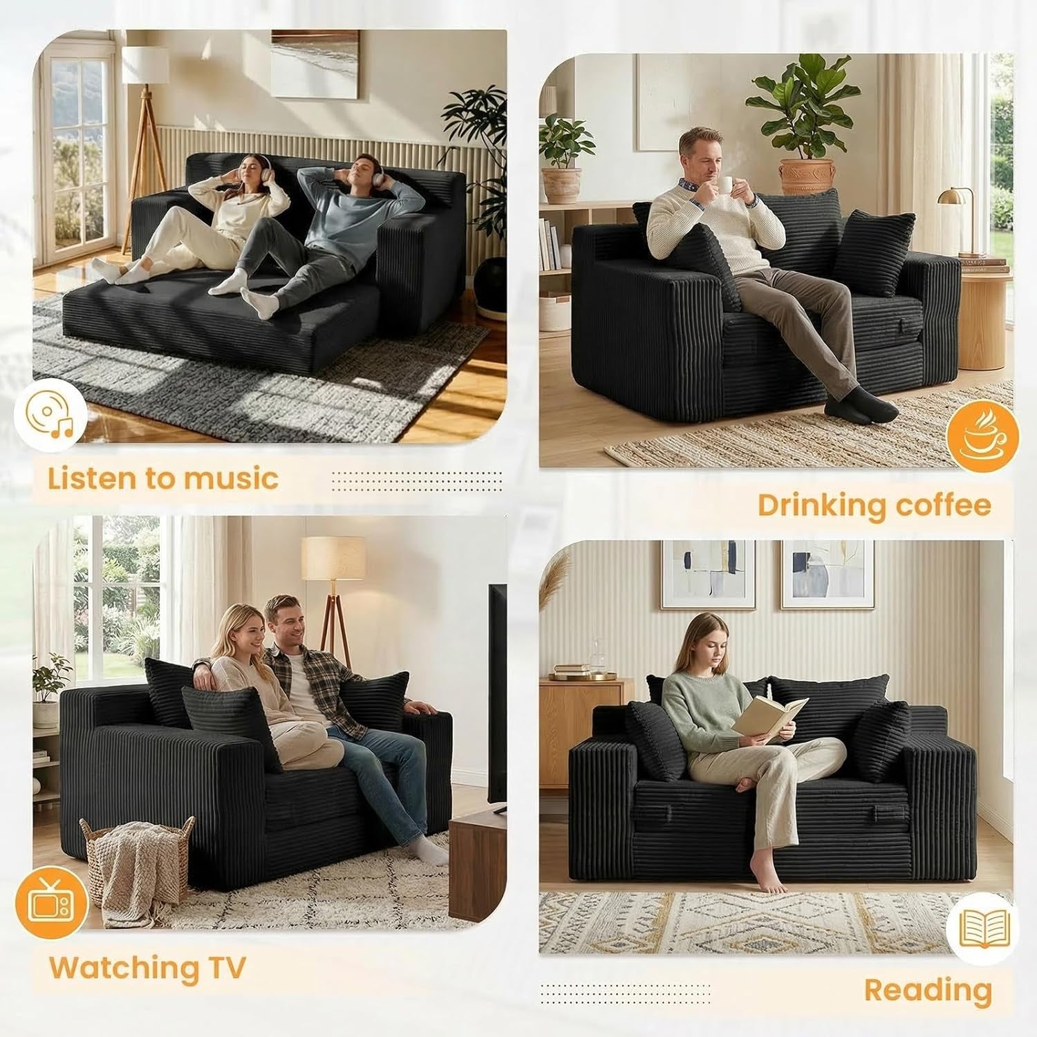 55" Small Boneless Couch, 3-In-1 Boneless Loveseat Sleeper Sofa Bed Convertible Sofa Bed with 4 Pillows, Black Corduroy Boneless Couch for Living Room, Guest Room, Small Space, No Assembly Required