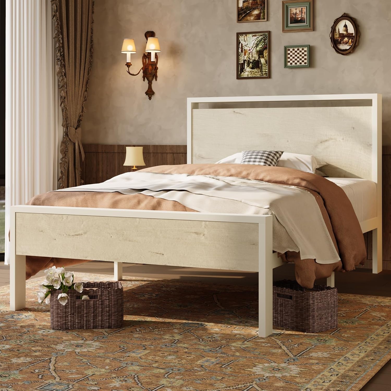 Light-colored platform bed with pale wood headboard and footboard in a warm, classic bedroom