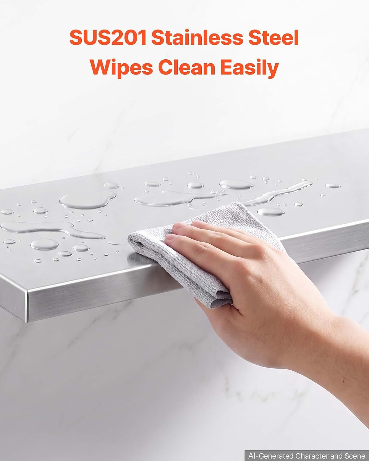 Close-up of a hand wiping water droplets from the stainless shelf with a gray cloth.