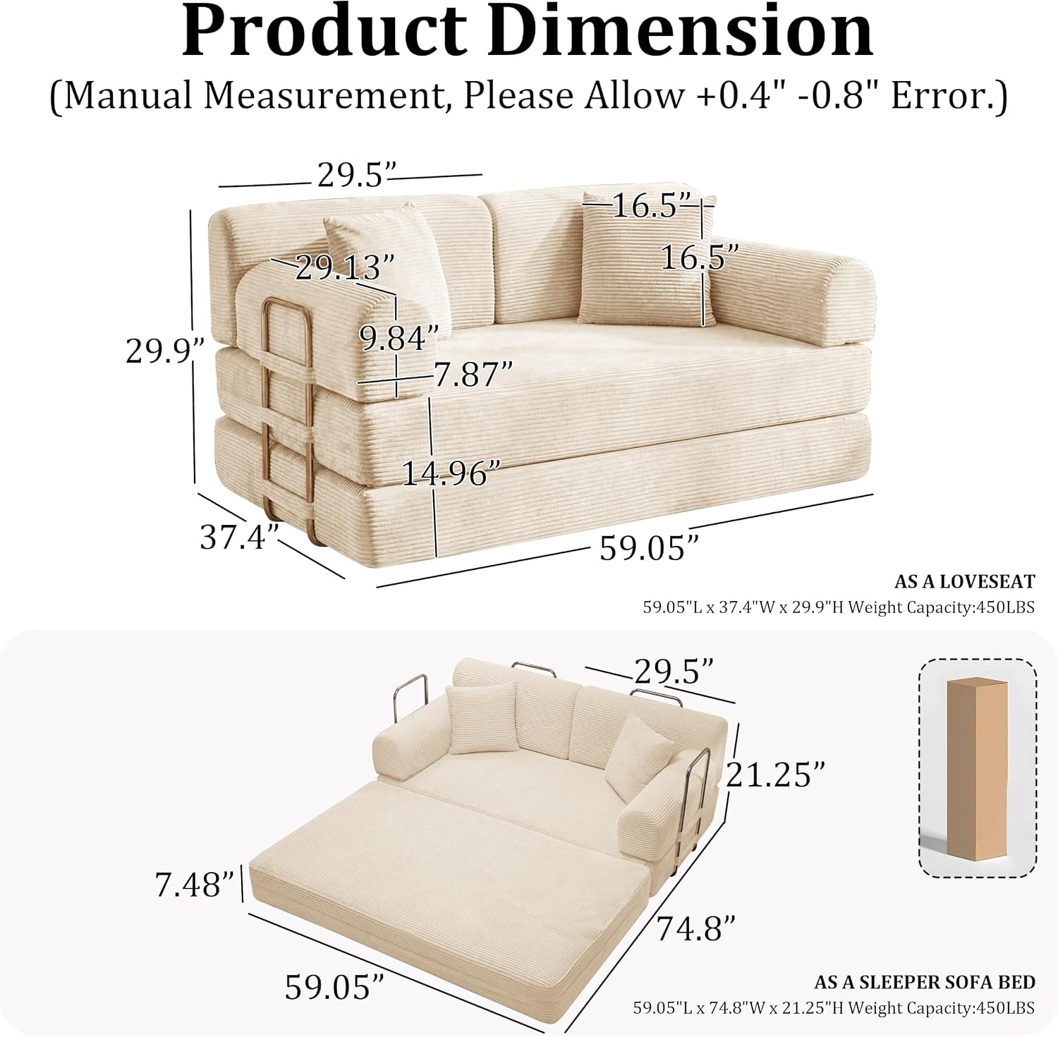 Dimension diagram of the convertible loveseat showing labeled measurements and sleeper layout from multiple angles