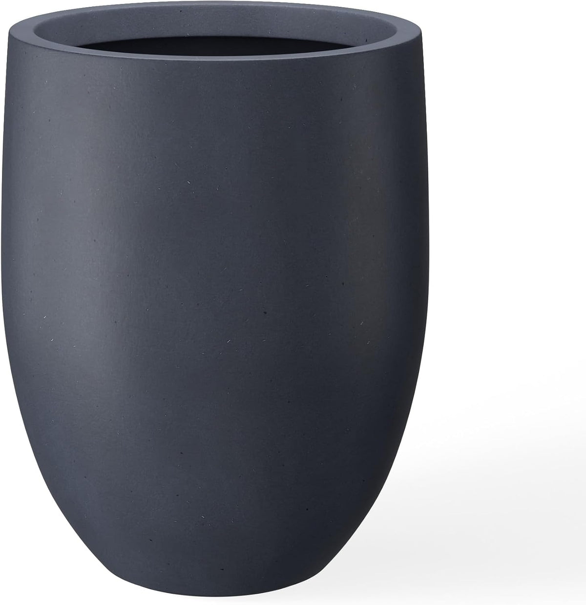 Close-up detail of the top and curved side of a dark charcoal floor planter