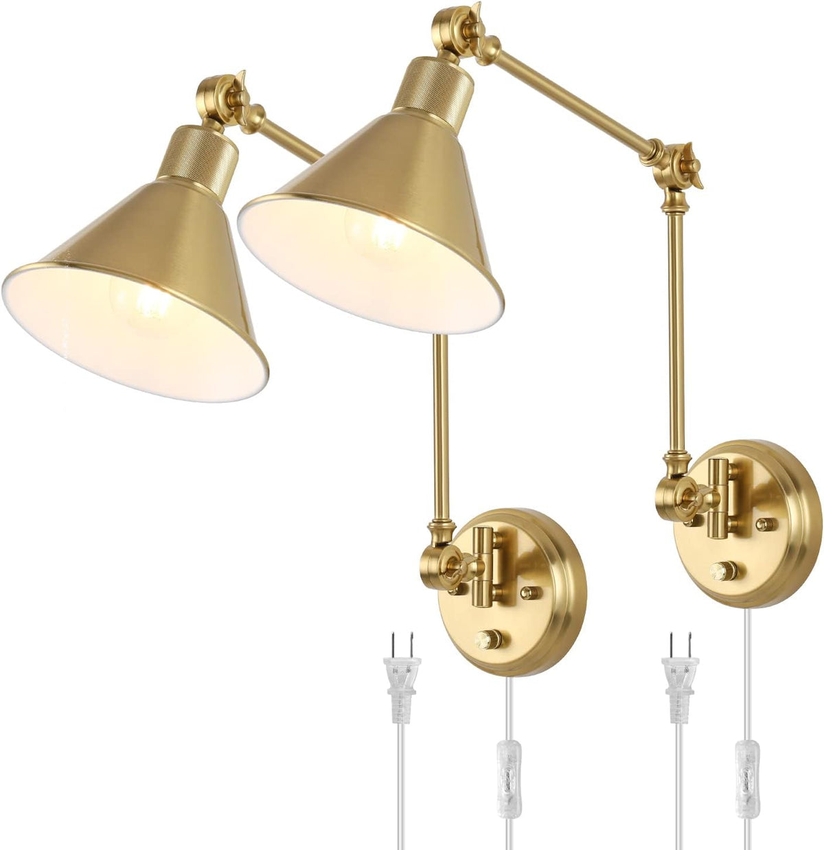 Two brass‑finish swing‑arm wall sconces with conical shades, each showing plug cords and inline switches