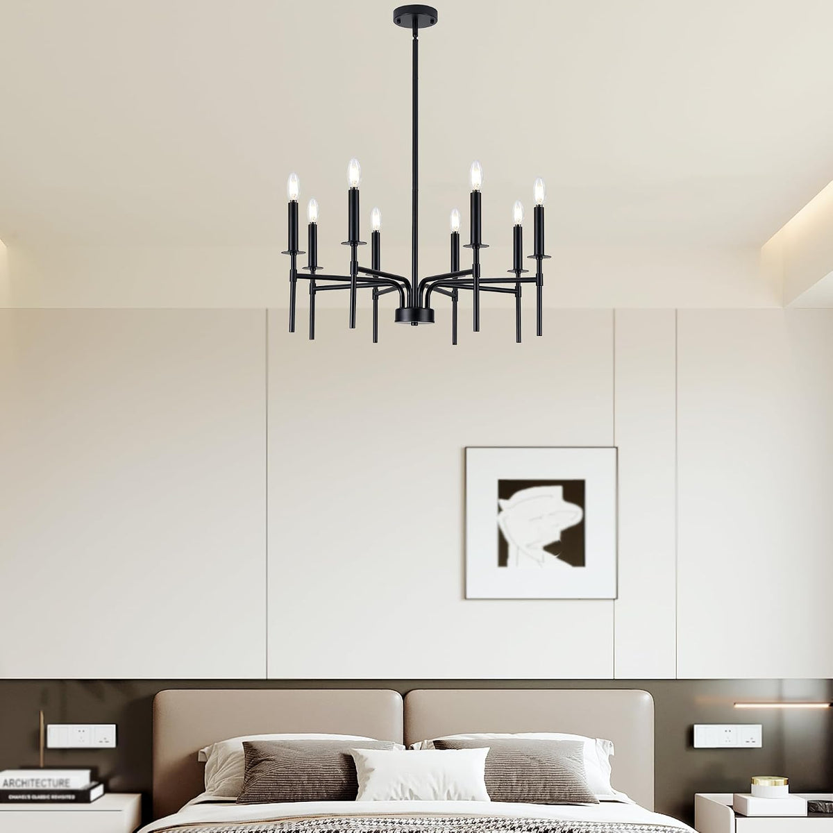 Black 8-light chandelier hanging above a bedroom headboard, front-facing view showing the sculptural, blooming arrangement.