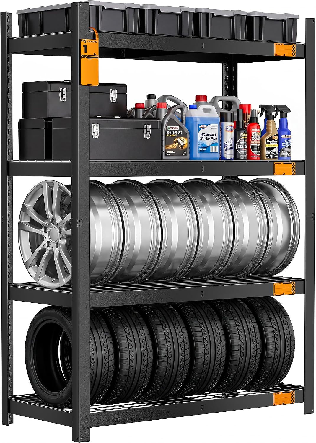 Cropped view of three shelf levels showing plastic bins and car care bottles on top, stacked metal rims on middle shelf and