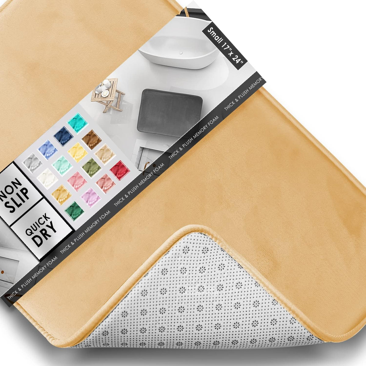 Close-up of tan rug corner folded back to reveal patterned white non-slip backing and a multi-color swatch on the package.