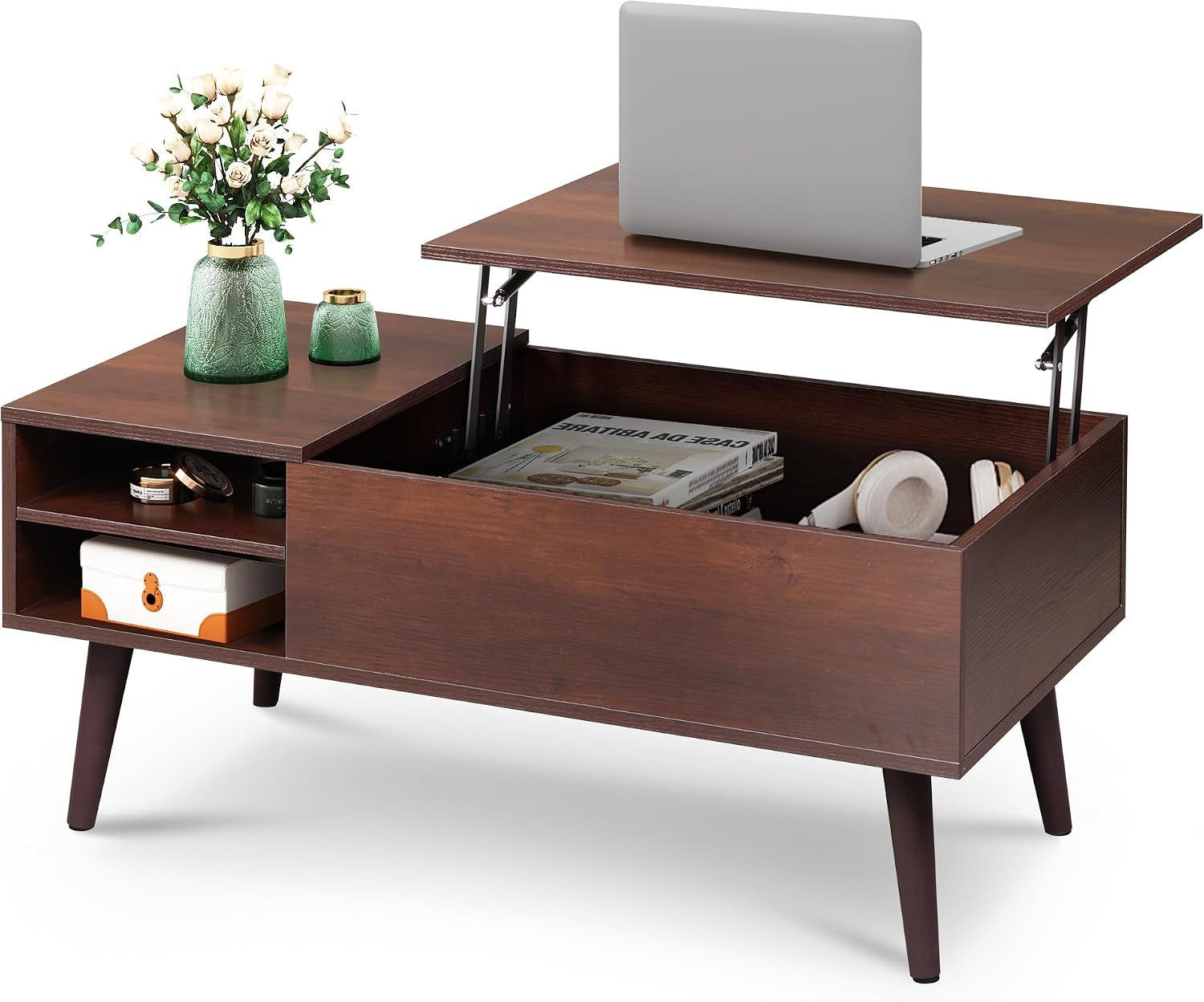 Brown lift-top coffee table with raised top showing large storage compartment and open side cubby on tapered legs