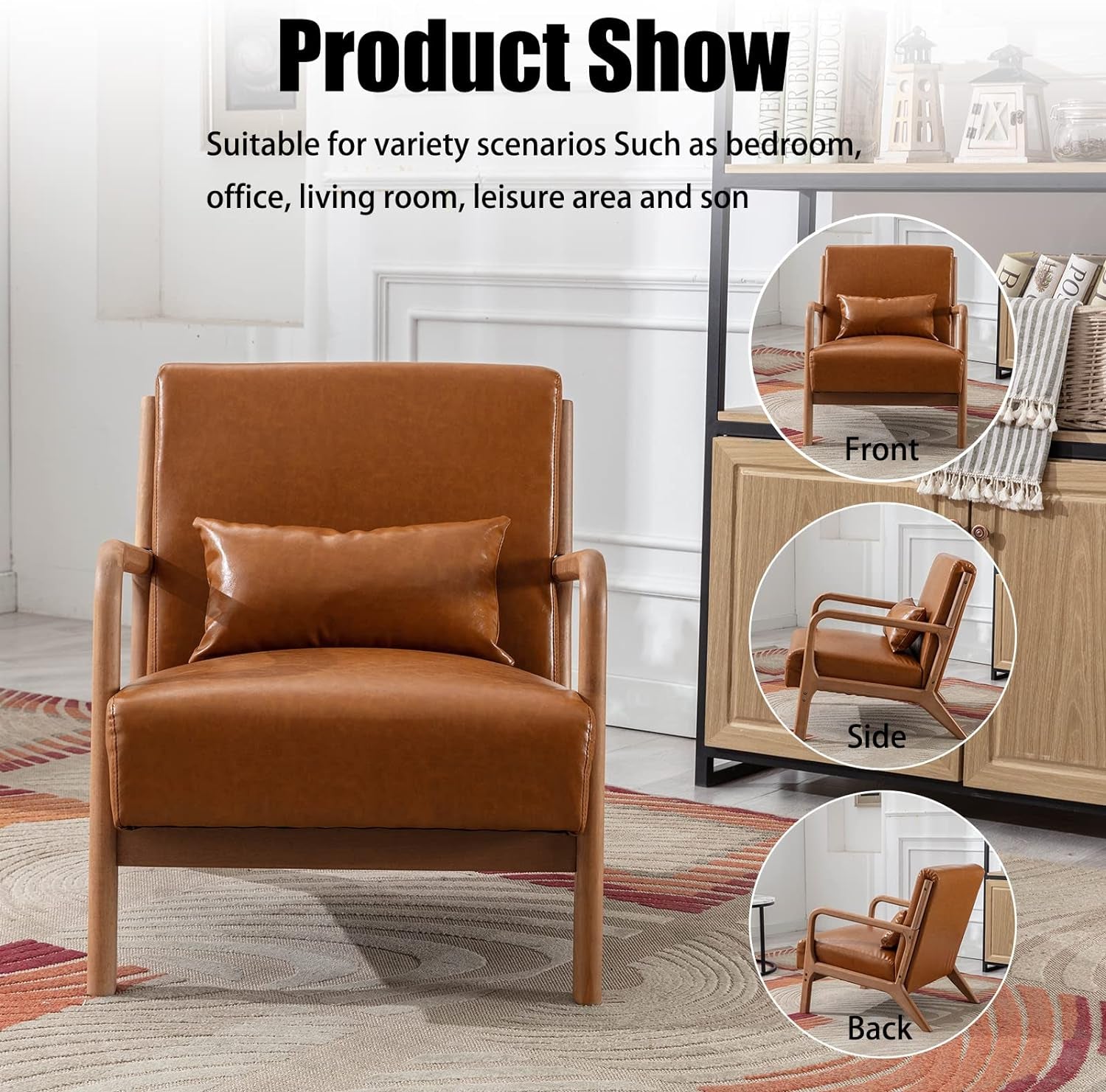Front view of a single tan leather armchair with matching lumbar pillow in a bright room, inset circles show front/side/back