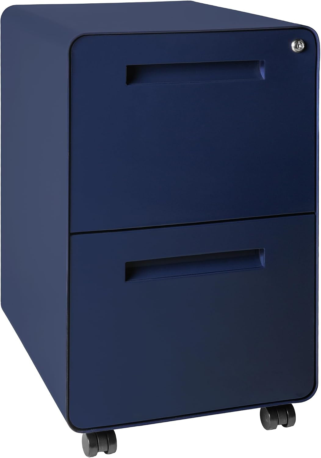 Front three-quarter view of a navy two-drawer mobile file cabinet on caster wheels with a top lock.