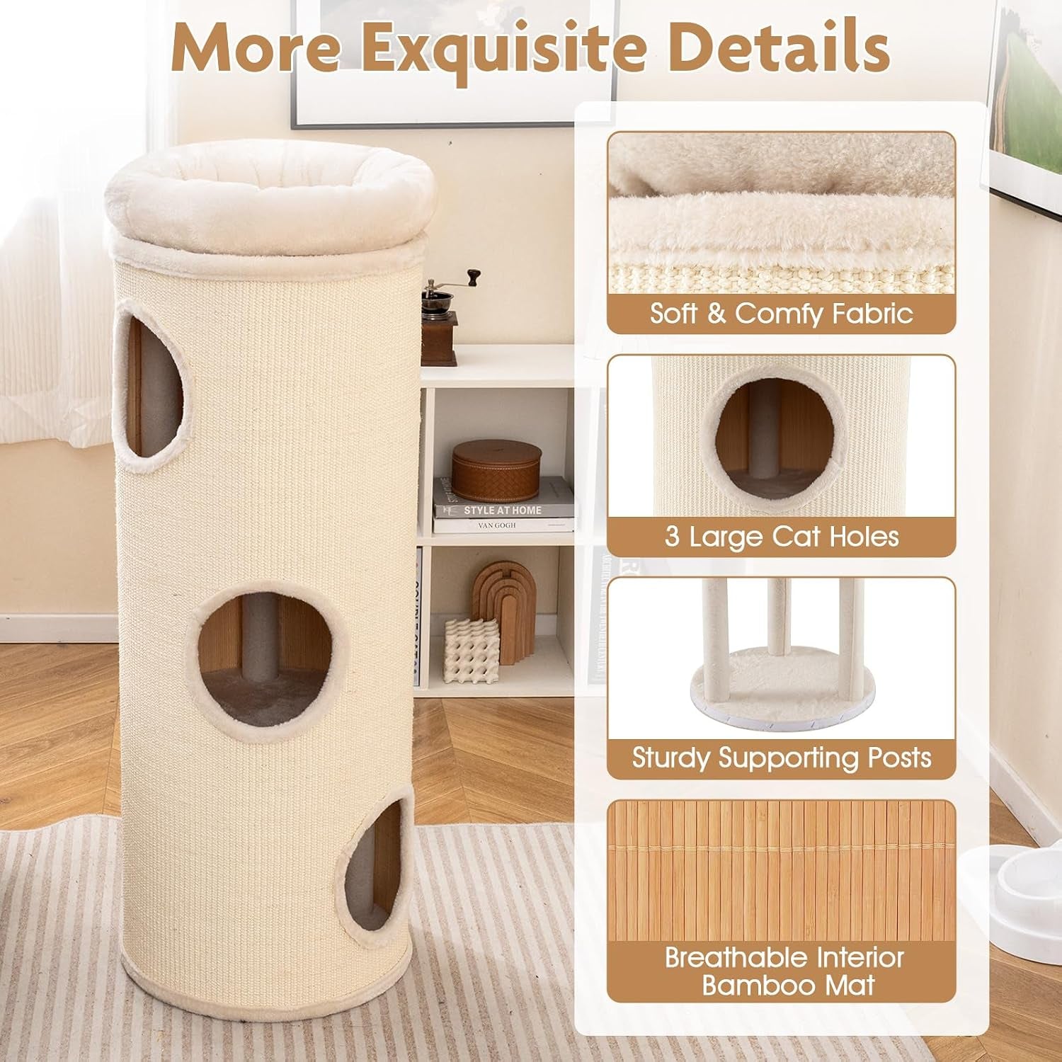 Collage highlighting soft plush top, three large circular cat holes, sturdy supporting posts and bamboo interior mat