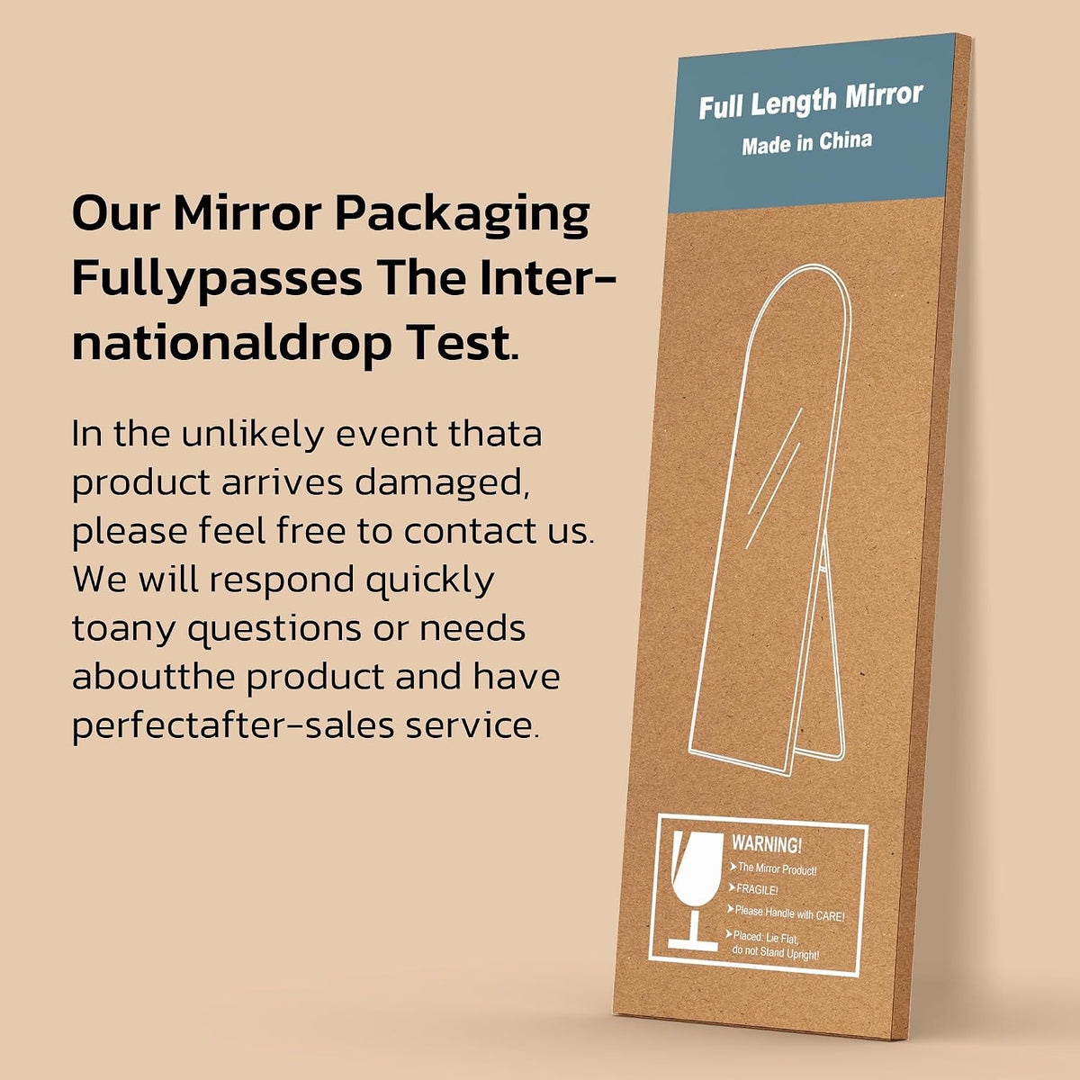 angled close-up of the mirror's tall cardboard shipping box leaning against a neutral backdrop
