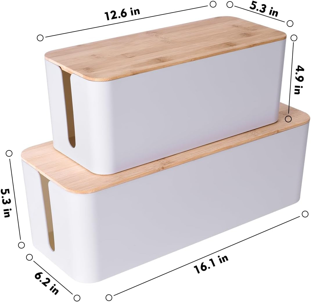Stacked white cable management boxes with bamboo lids displaying printed dimensions for medium and large sizes