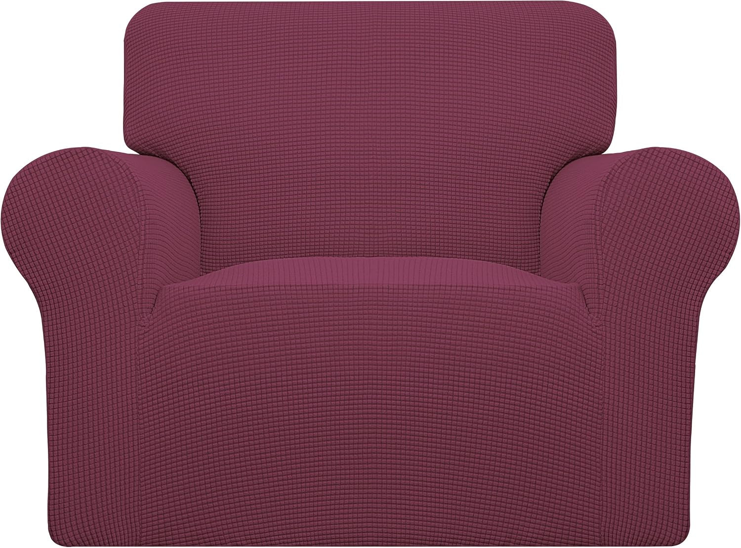 Front-facing armchair covered in plum textured stretch slipcover showing rounded arms and fitted seat.