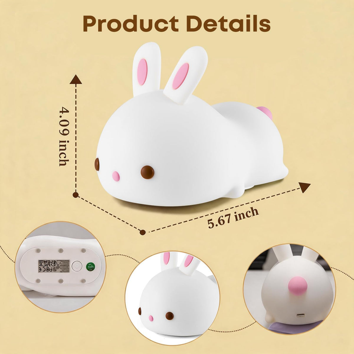 Studio shot of the white bunny lamp on a beige background with dashed arrows indicating size.