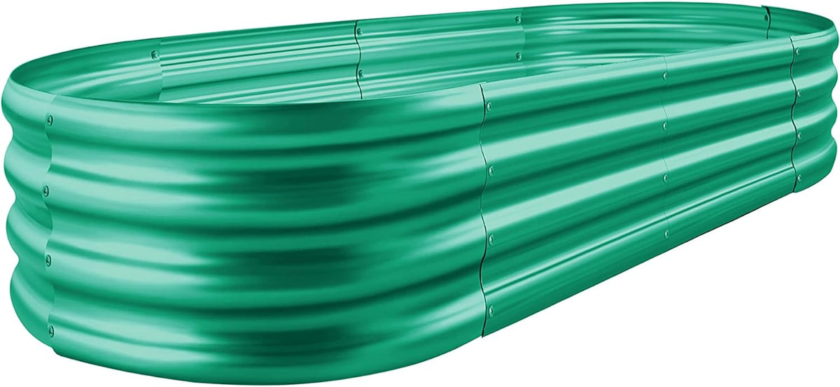 Green oval corrugated metal raised garden bed shown on a white background from a front three-quarter angle.