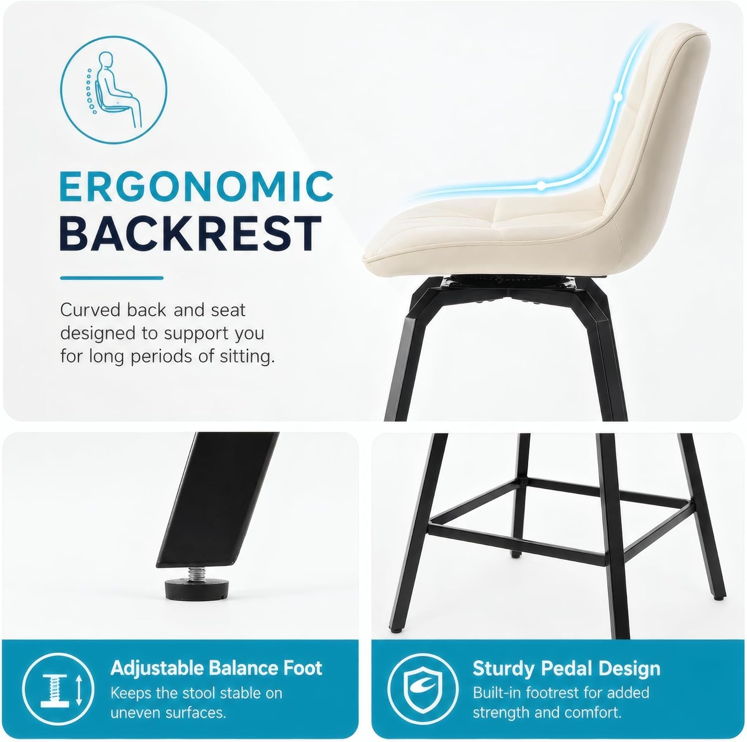 Side view of a stool highlighting the curved ergonomic backrest and close-ups of an adjustable foot and square metal