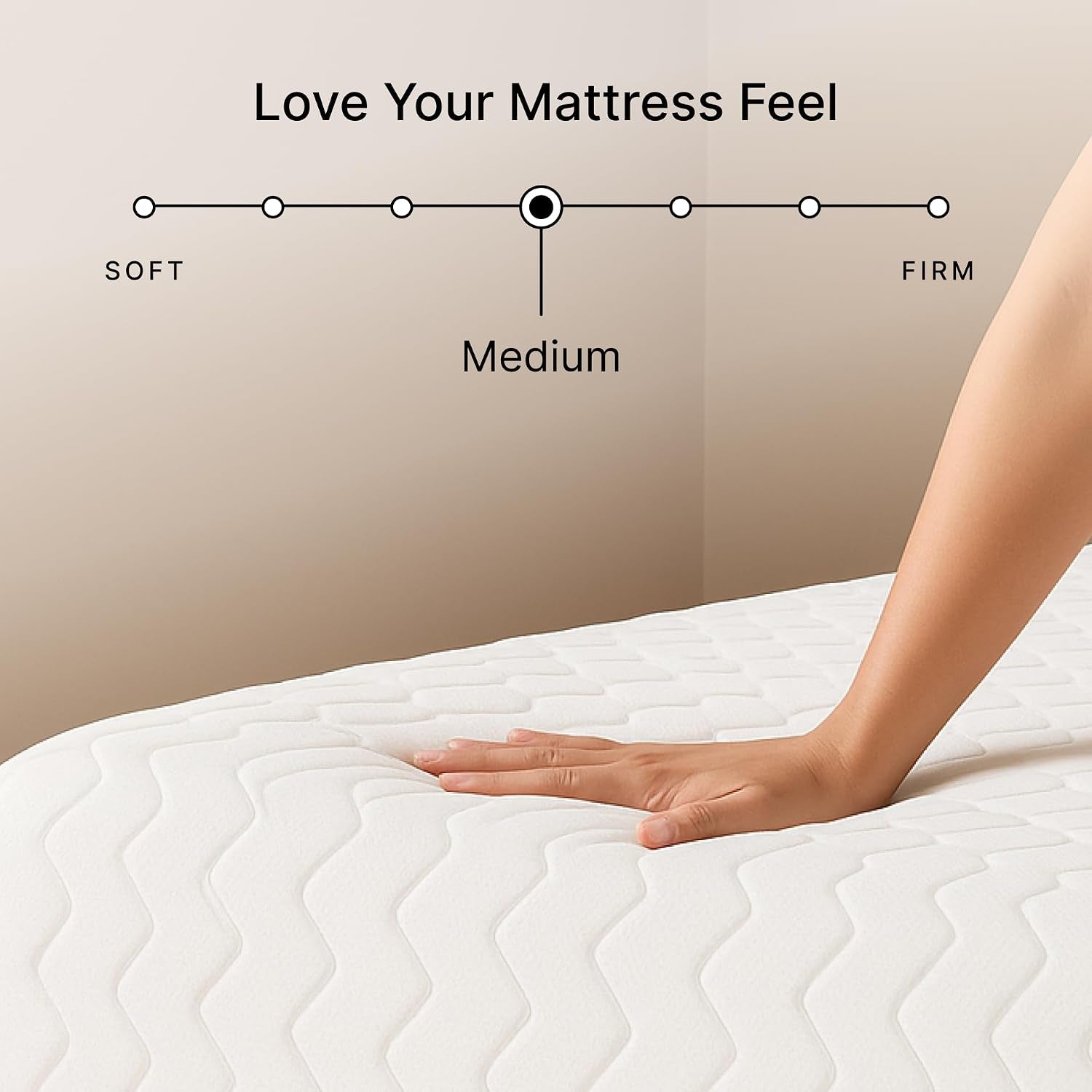 Hand pressing the mattress surface with a firmness scale graphic above indicating a medium feel