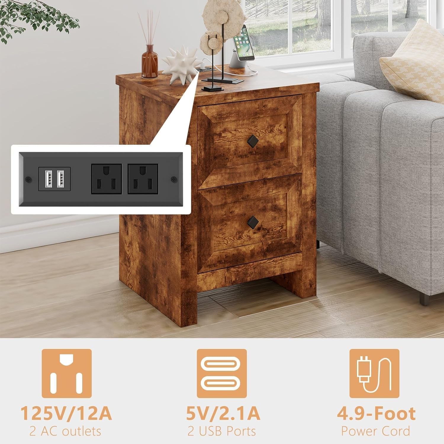 Brown nightstand close-up showing two AC outlets and two USB ports inset in top and power cord icon graphics.