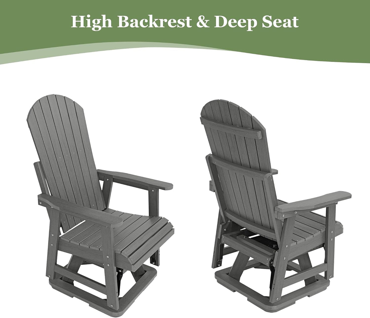 Two views of gray patio glider chair showing high arched backrest and deep slatted seat from front and back