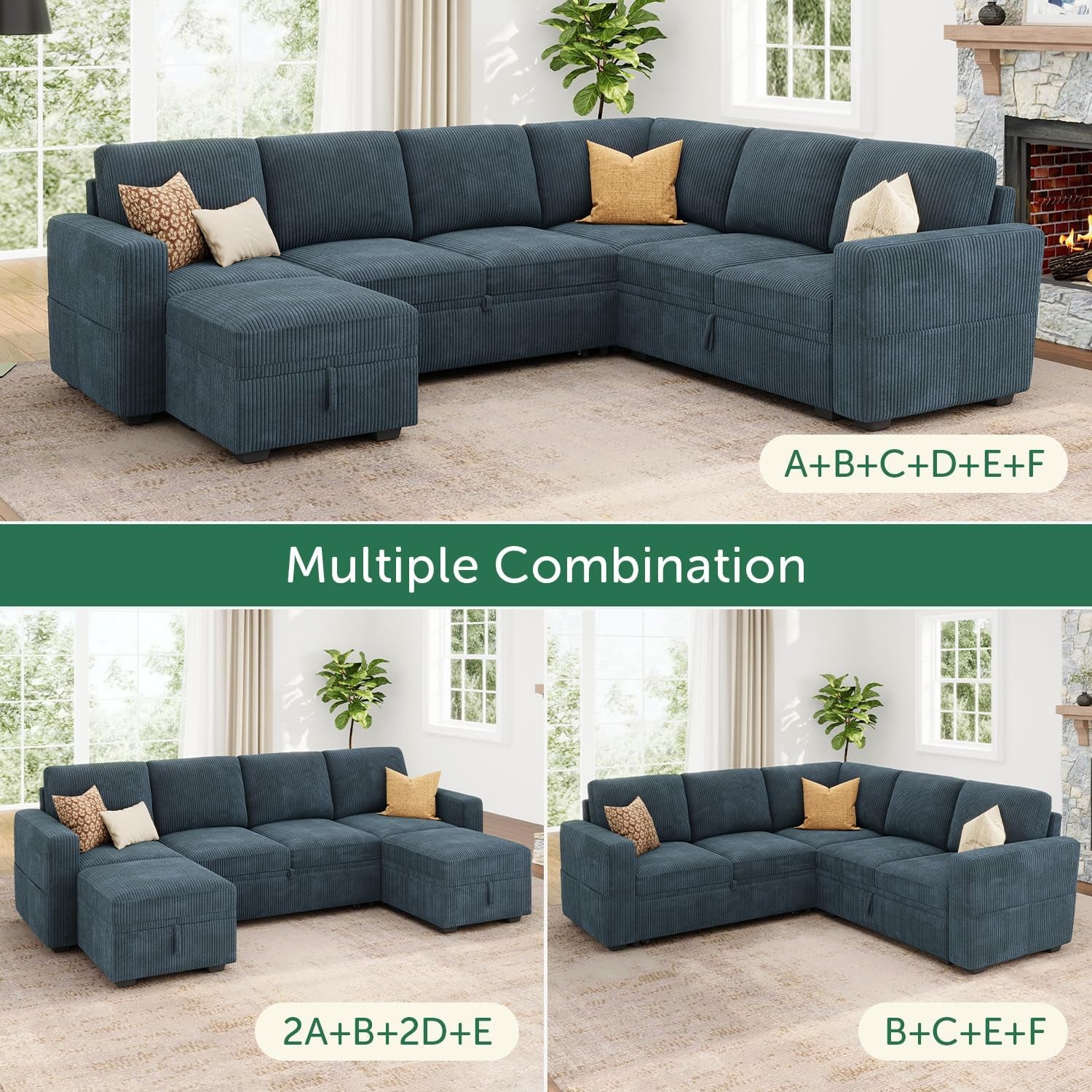 Modular Sectional Sleeper Sofa, Corduroy Sleeper Pull-Out Bed Couch with Storage, U Shaped Sectional Couches for Living Room, Blue