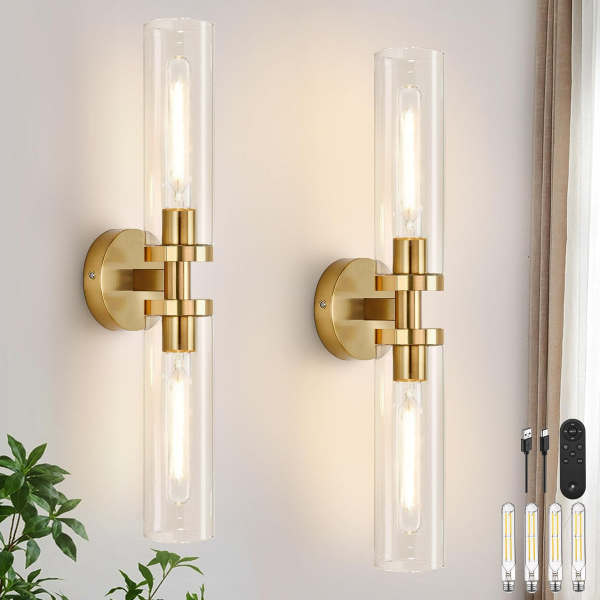 Pair of vertical brushed-gold wall sconces with clear glass tubes and remote plus four bulbs displayed.