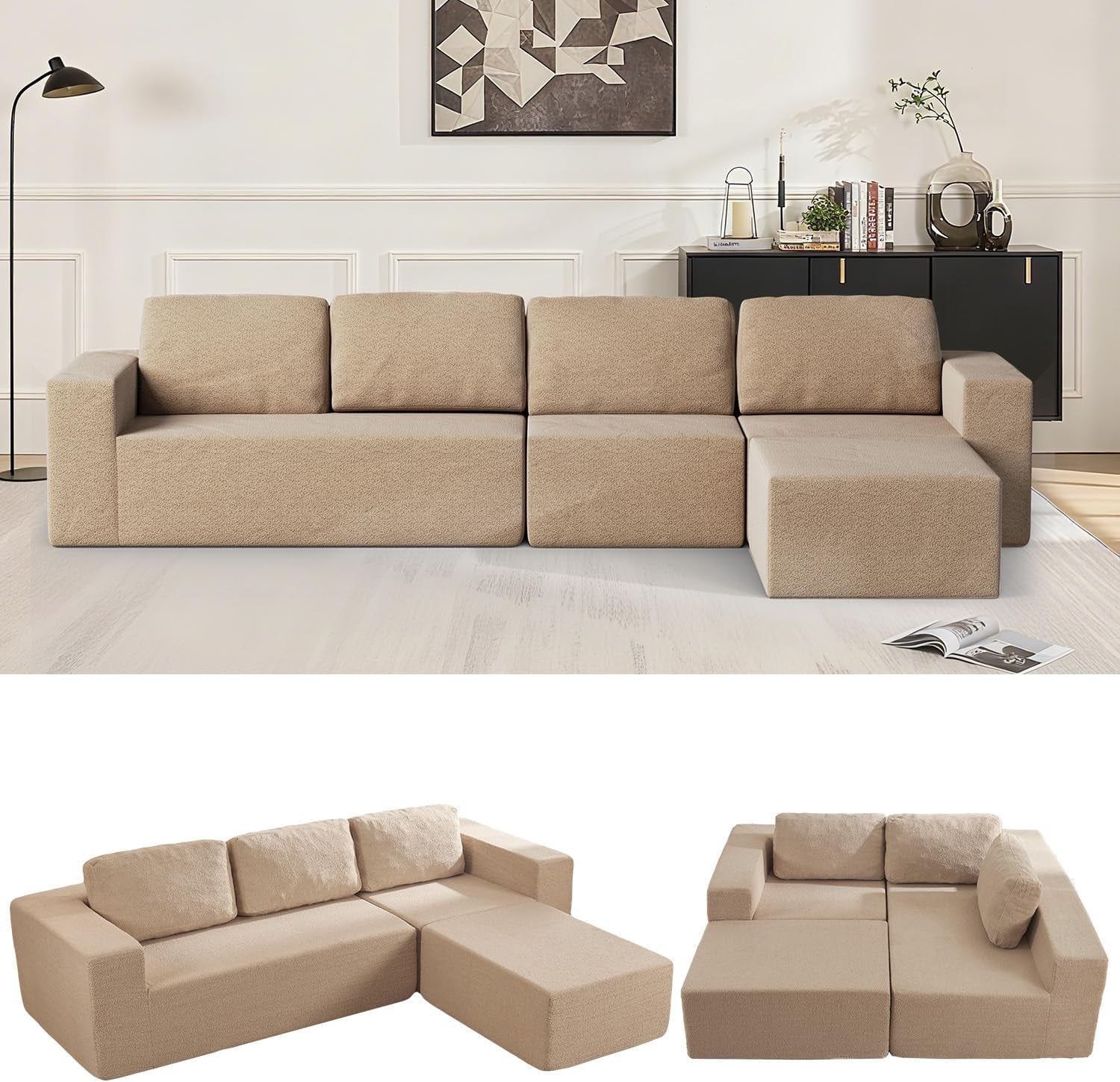 Beige L-shaped modular sectional shown full length with two smaller images of alternate configurations below.