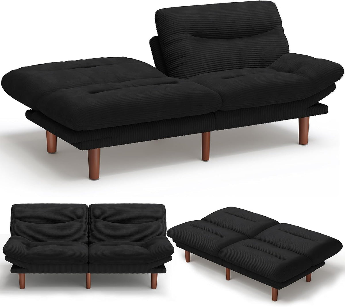 Black futon sofa shown on white background in upright and fully flat positions