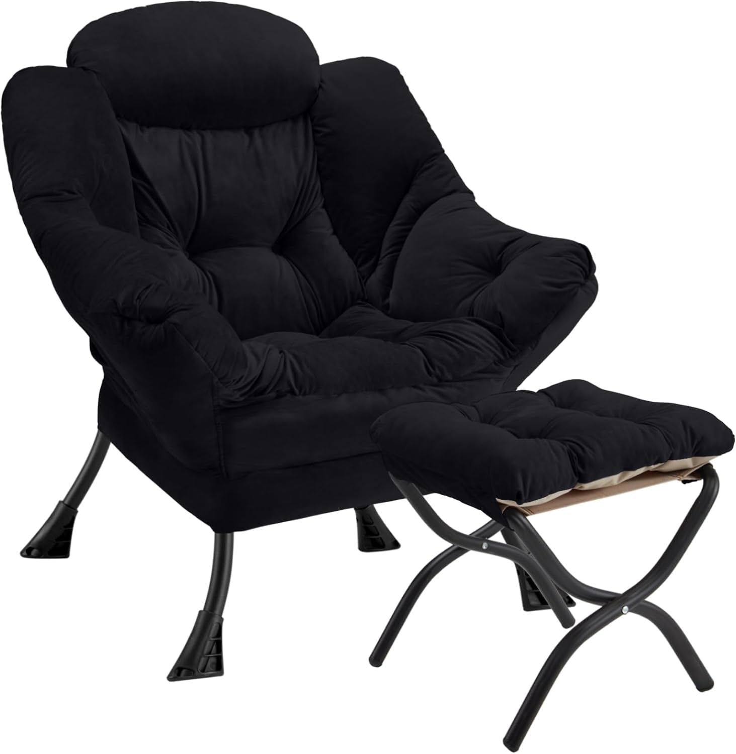 Black plush folding armchair with matching cushioned ottoman on metal legs, shown on white background