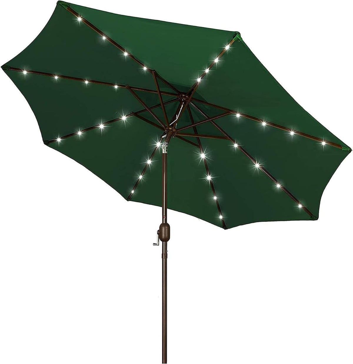 Open dark green patio umbrella seen from below with glowing LED lights along the ribs and brown pole.