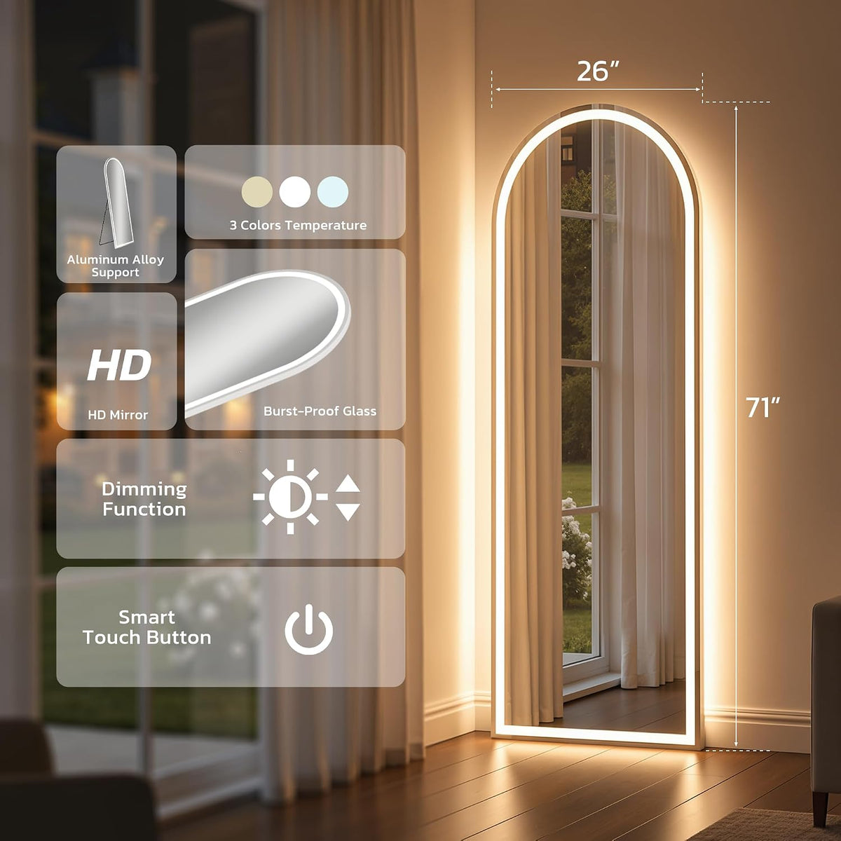 Graphic layout showing features like HD glass and aluminum alloy support with a 26-inch width and 71-inch height callout
