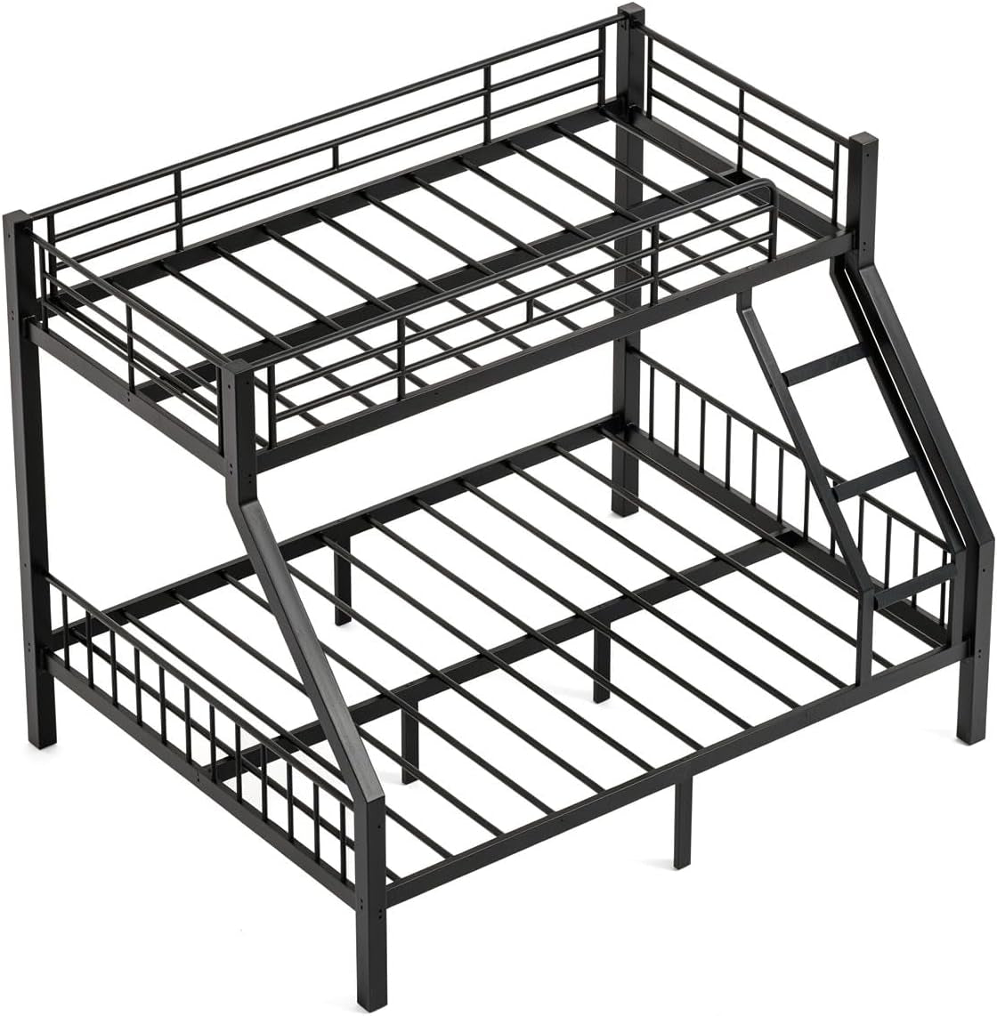 Angled top-down view of the black metal bunk frame highlighting the upper guardrails, slats, and side ladder.